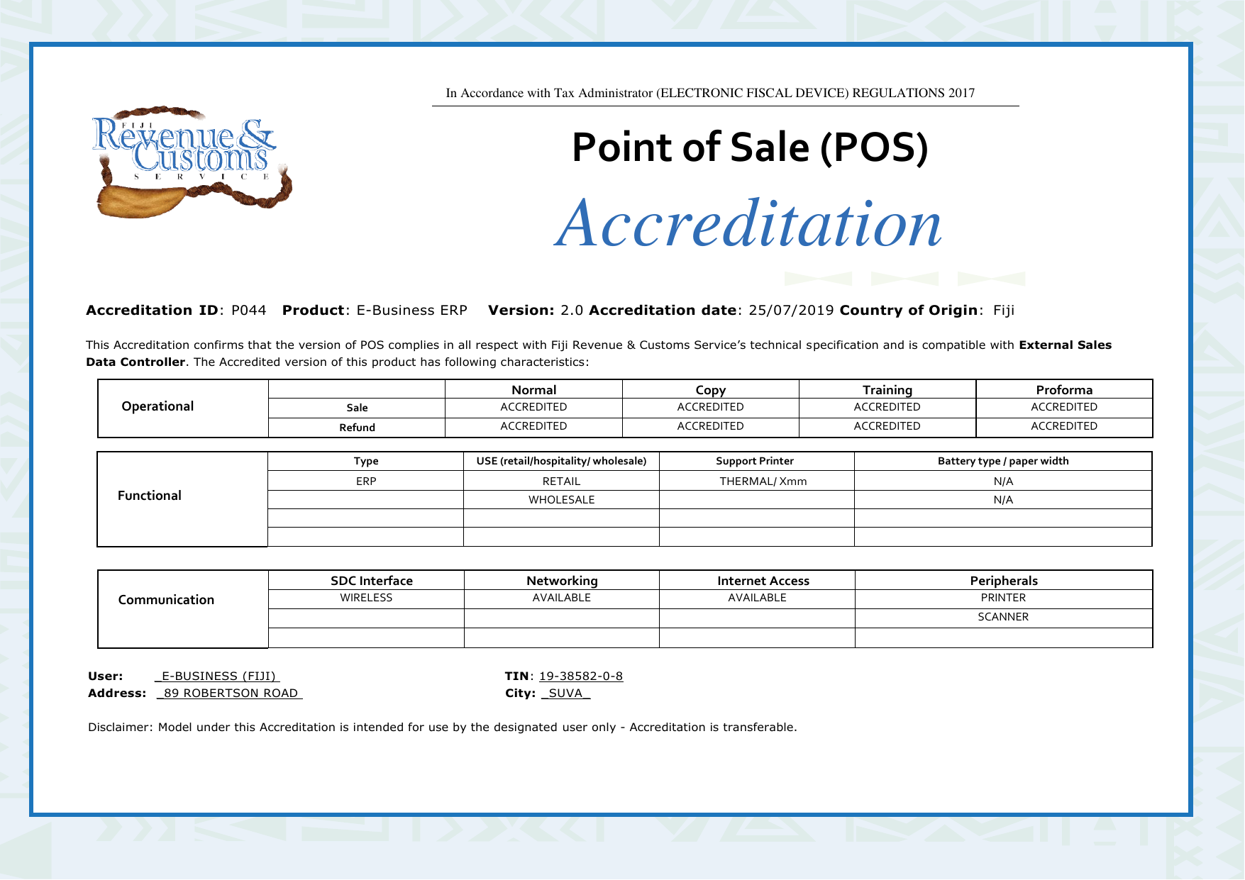 FRCS Point of Sale Accreditation Certificate P044 for E-Business ERP