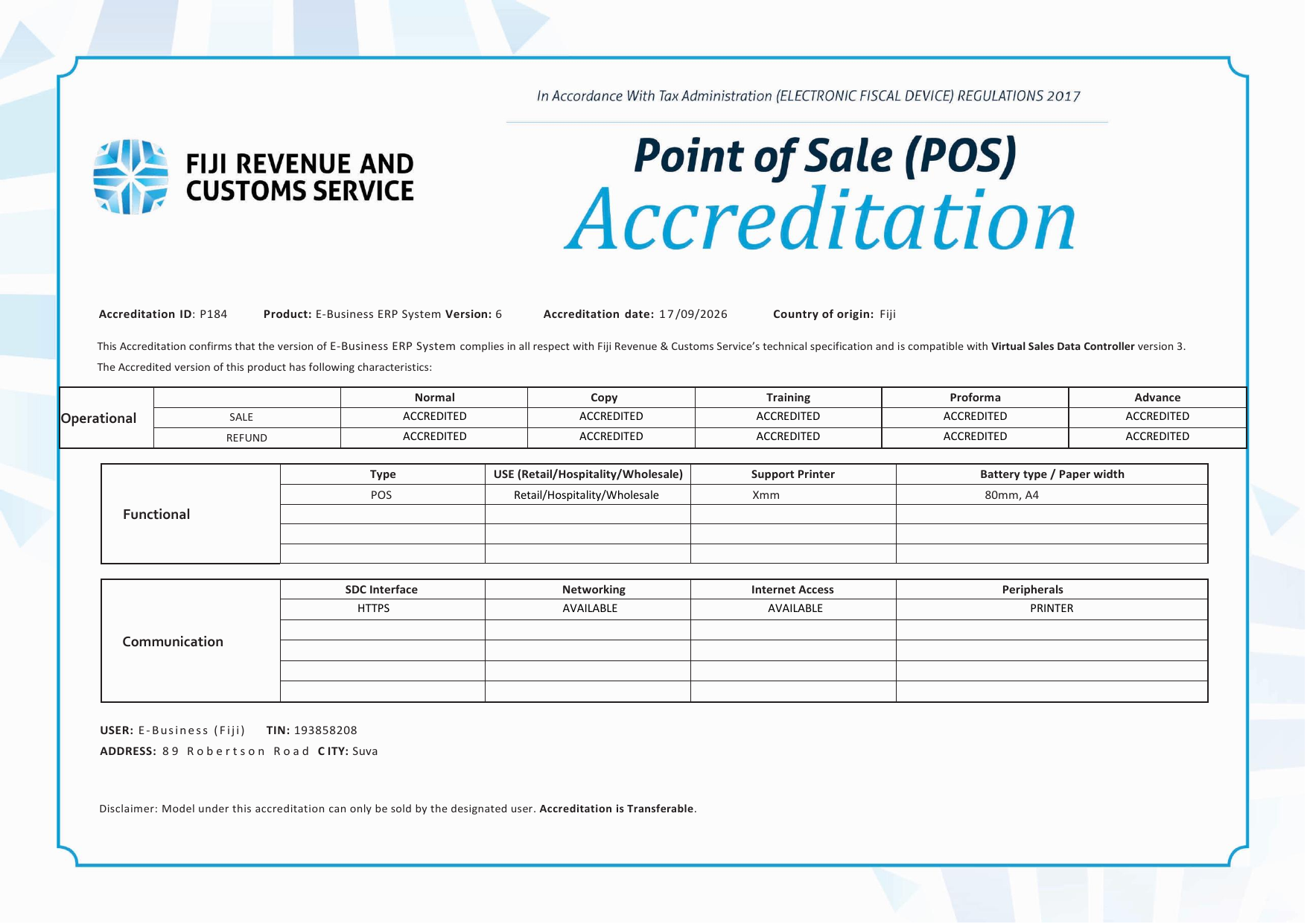 FRCS Point of Sale Accreditation Certificate P184 for E-Business ERP System, compatible with VSDC version 3